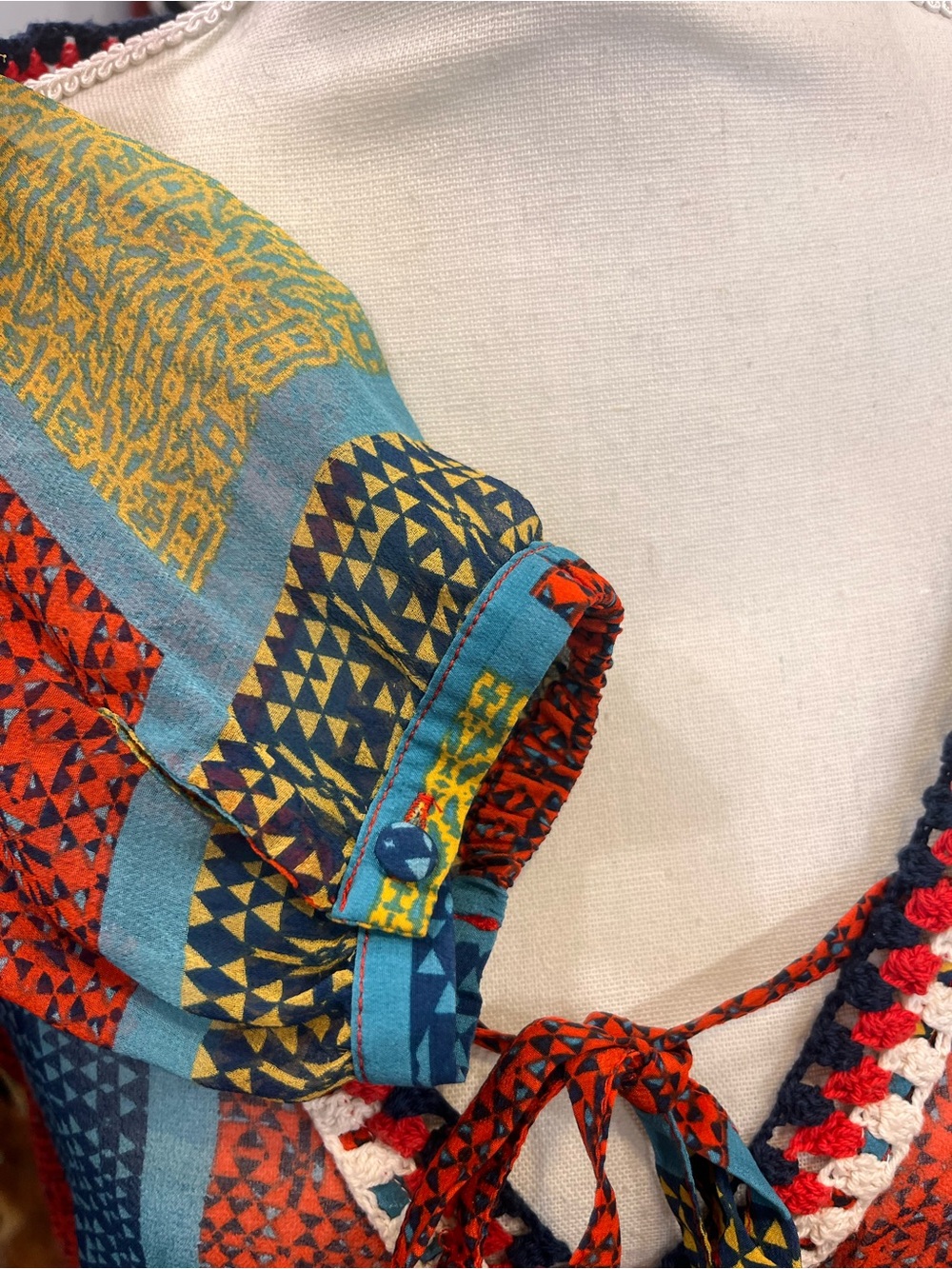 Gypsy 05 Global Village 100% Silk Patchwork Crochet Boho Blouse Top XS - Picture 10 of 14